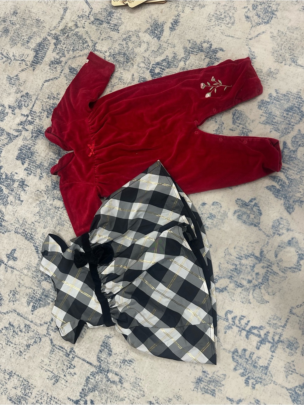 Red Velvet Baby Romper with Black & White Plaid Dress, perfect Christmas attire!